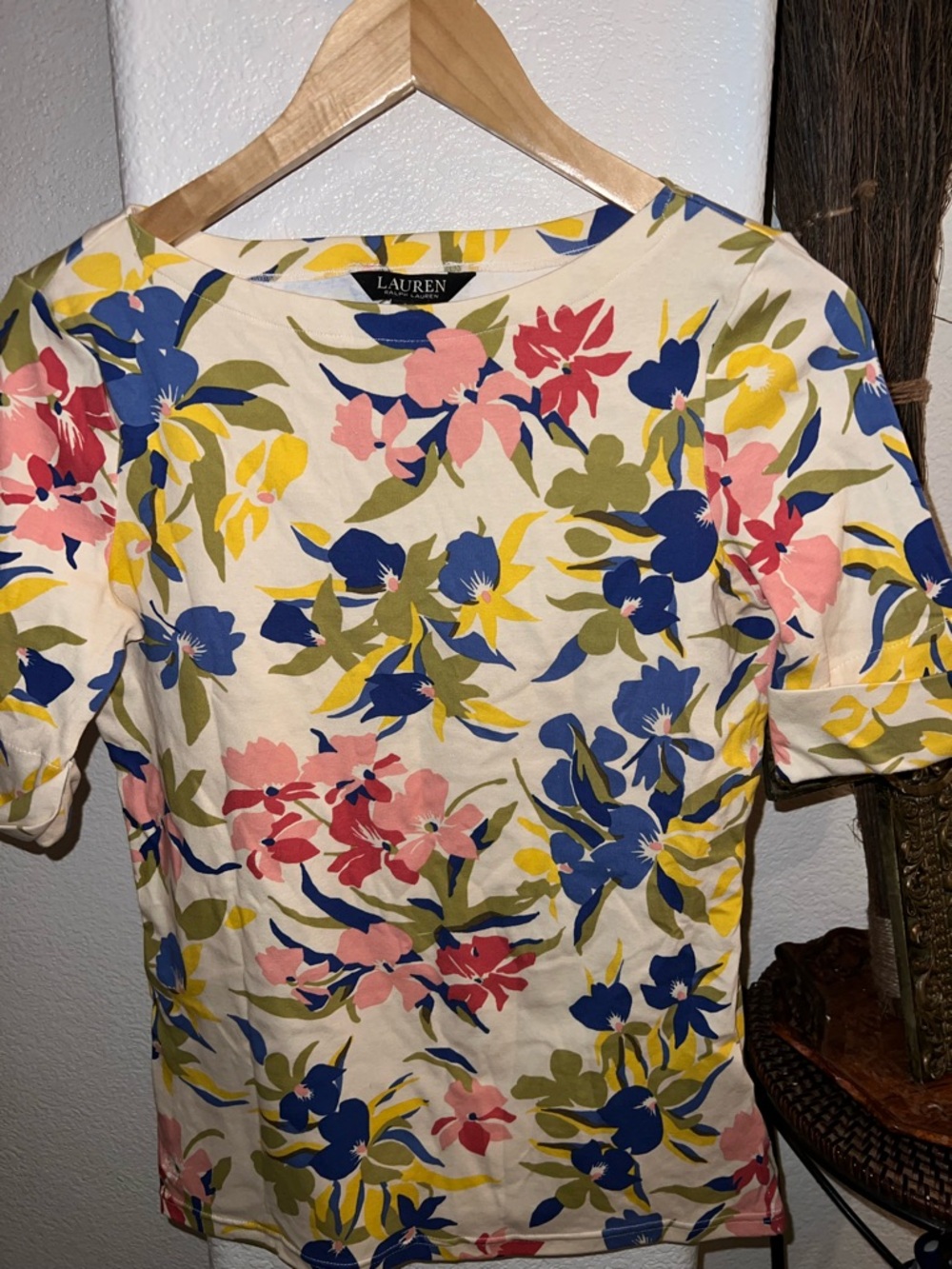 Ralph Lauren Cream Floral Short-Sleeve Tee with Blue, Pink & Yellow Blooms